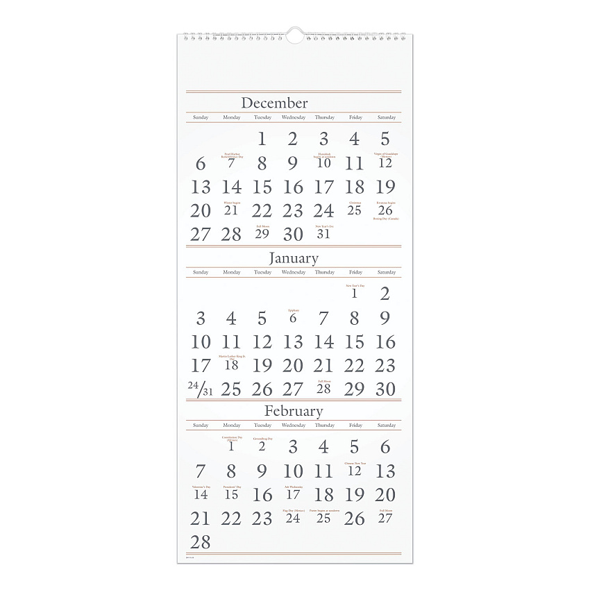 AT-A-GLANCE Three-Month Reference Wall Calendar, 12 x 27, White Sheets, 15-Month (Dec to Feb): 2022 to 2024 (SW11528)