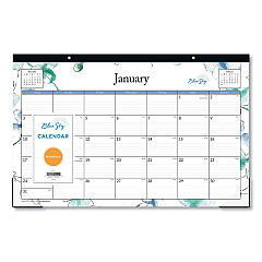 Blue Sky Lindley Desk Pad, Floral Artwork, 17 x 11, White/Blue/Green Sheets, Black Binding, Clear Corners, 12-Month (Jan-Dec): 2023 (100024)