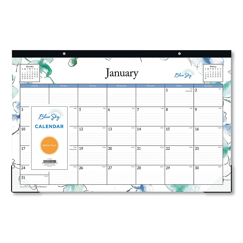 Blue Sky Lindley Desk Pad, Floral Artwork, 17 x 11, White/Blue/Green Sheets, Black Binding, Clear Corners, 12-Month (Jan-Dec): 2023 (100024)