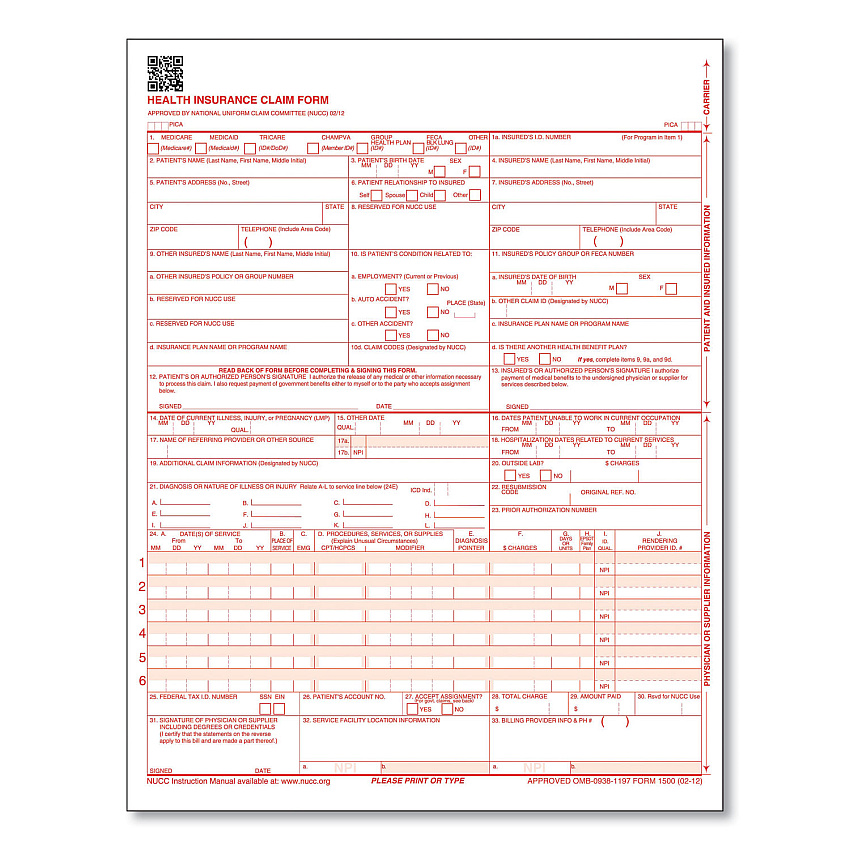 ComplyRight CMS-1500 Health Insurance Claim Form, Two-Part Carbonless, 8.5 x 11, 250 Forms Total (CMS12LC250)