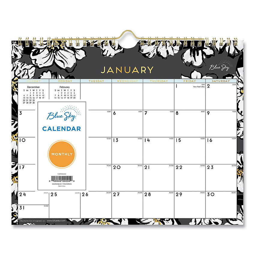 Blue Sky Baccara Dark Wall Calendar, Baccara Dark Floral Artwork, 11 x 8.75, White/Black Sheets, 12-Month (Jan to Dec): 2023 (116052)