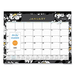 Blue Sky Baccara Dark Desk Pad, Baccara Dark Floral Artwork, 22 x 17, White/Black Sheets, Black Binding, Clear Corners, 2023 (110215)