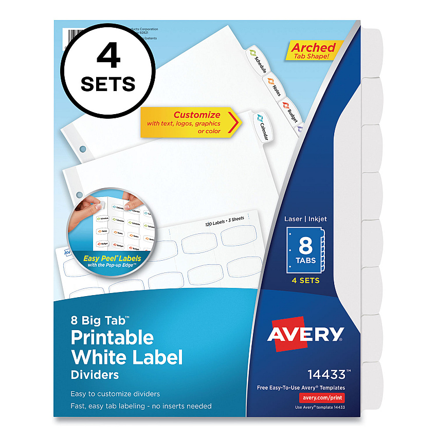 Avery Big Tab Printable White Label Tab Dividers, 8-Tab, Letter, White, 4 Sets (14433)