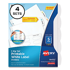 Avery Big Tab Printable White Label Tab Dividers, 5-Tab, Letter, White, 4 Sets (14432)