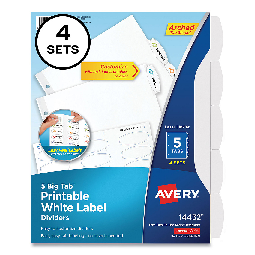 Avery Big Tab Printable White Label Tab Dividers, 5-Tab, Letter, White, 4 Sets (14432)