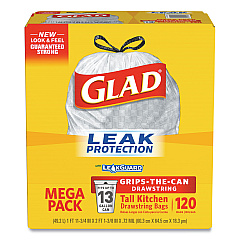Glad ForceFlexPlus OdorShield Tall Kitchen Drawstring Trash Bags, 13 gal, Fresh Clean Scent, 23.75" x 25.38", White, 120/Box (78564)