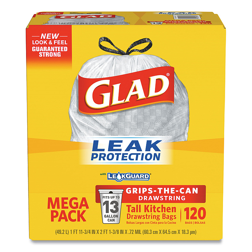 Glad ForceFlexPlus OdorShield Tall Kitchen Drawstring Trash Bags, 13 gal, Fresh Clean Scent, 23.75" x 25.38", White, 120/Box (78564)