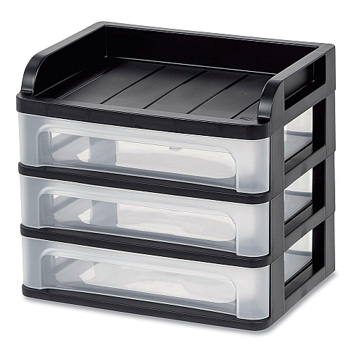 IRIS Medium Three-Drawer Desktop Storage, 3 Sections, Letter Size Files, 14.25 x 11.88 x 11.25, Black/Clear (150181)