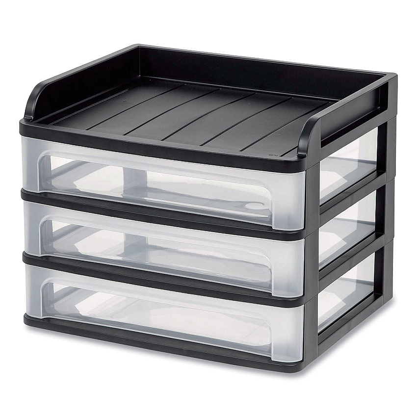 IRIS Small Three-Drawer Desktop Storage, 3 Sections, 9.13 x 6.88 x 8.13, Black/Clear (150163)