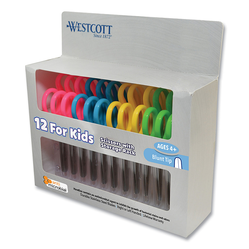 Westcott Kids' Scissors with Antimicrobial Protection, Rounded Tip, 5" Long, 2" Cut Length, Assorted Straight Handles, 12/Pack (14871)