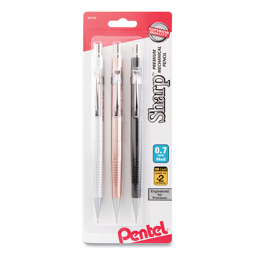 Pentel Sharp Mechanical Pencil, 0.7 mm, HB (#2.5), Black Lead, Assorted Barrel Colors, 3/Pack (P207MBP3M)