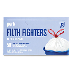 Perk Drawstring Tall Kitchen Trash Bags, 13 gal, 0.9 mil, 28" x 24", White, 50/Box (24377875)