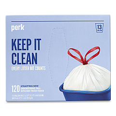 Perk Drawstring Tall Kitchen Trash Bags, 13 gal, 0.9 mil, 28" x 24", White, 120/Box (24377876)