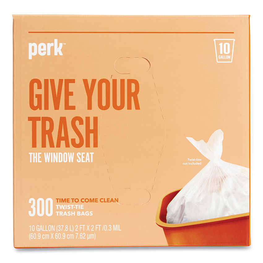 Perk Twist-Tie Light-Duty Can Liners, 10 gal, 0.36 mil, 24" x 24", Clear, 300/Box (24377878)