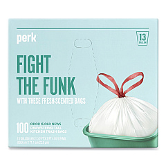 Perk Scented Drawstring Tall Kitchen Trash Bags, 13 gal, 0.9 mil, 28" x 24", White, 100/Box (24377880)
