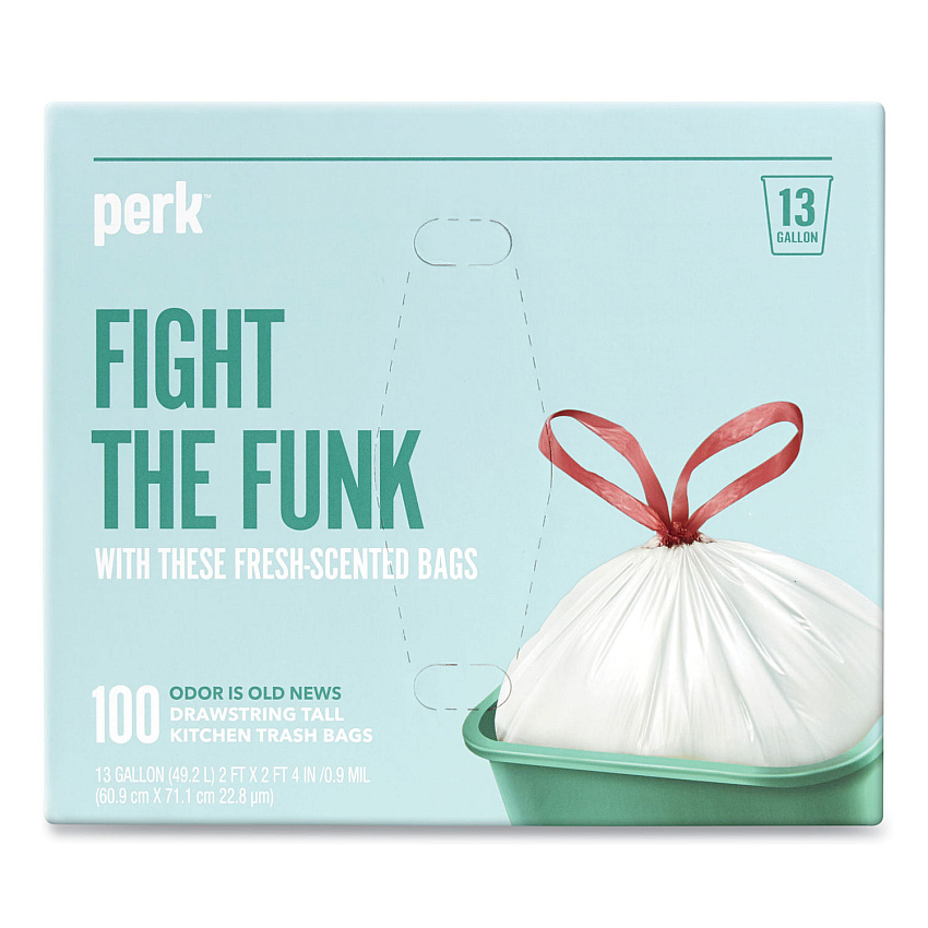 Perk Scented Drawstring Tall Kitchen Trash Bags, 13 gal, 0.9 mil, 28" x 24", White, 100/Box (24377880)