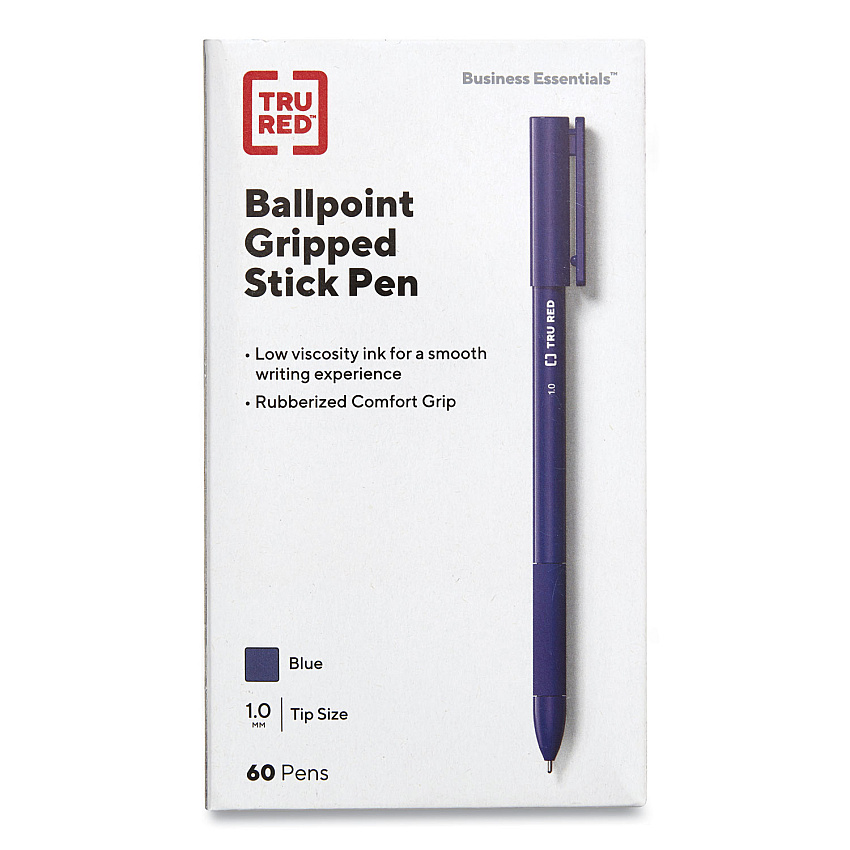 TRU RED Gripped Stick Ballpoint Pen, Stick, Medium 1 mm, Blue Ink, Blue Barrel, 60/Pack (24328146)