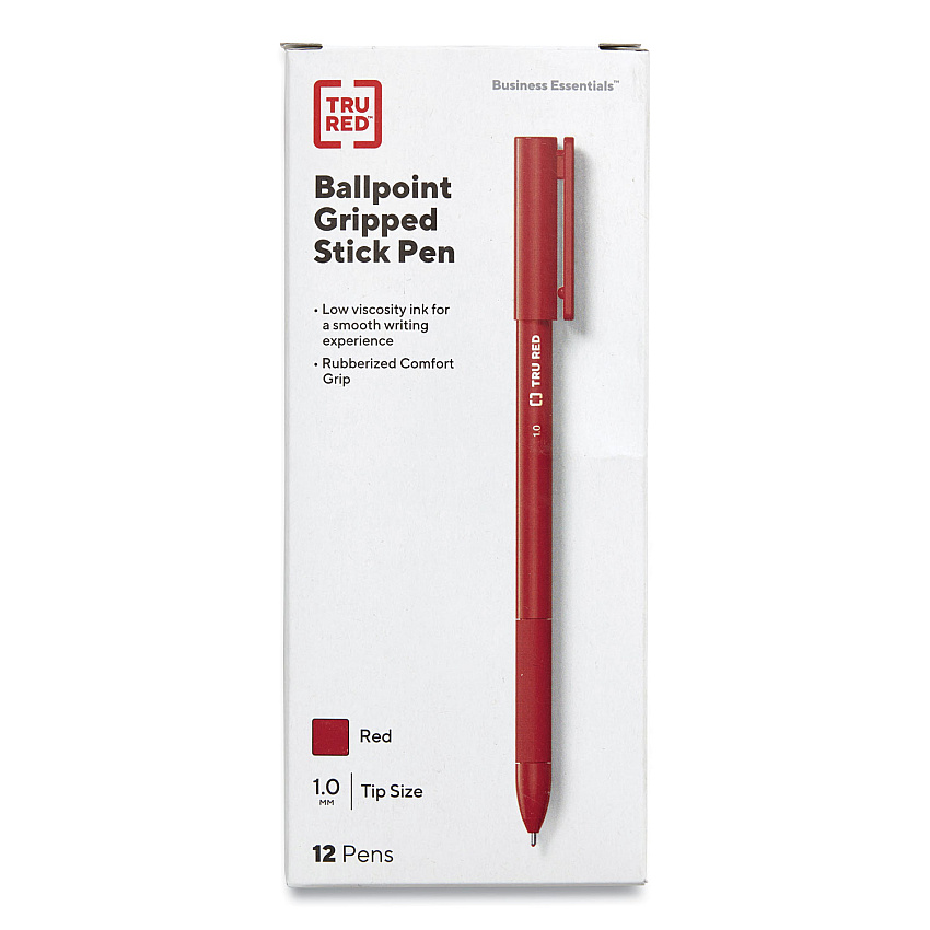 TRU RED Gripped Ballpoint Pen, Stick, Medium 1 mm, Red Ink, Red Barrel, Dozen (24328151)