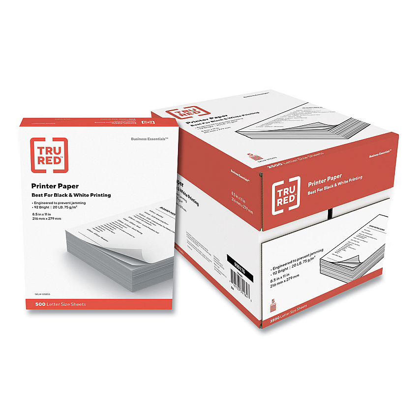 TRU RED Printer Paper, 92 Bright, 20 lb Bond Weight, 8.5 x 11, 500 Sheets/Ream, 5 Reams/Carton (990176)