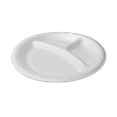 Plastifar Foam Dinnerware, Plate, 3-Compartment, 9" dia, Poly Bag, White, 125/Sleeve, 4 Sleeves/Bag, 1 Bag/Pack (12201)