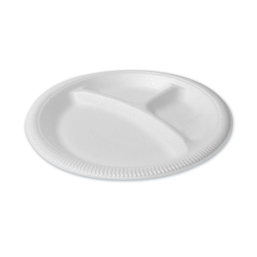 Plastifar Foam Dinnerware, Plate, 3-Compartment, 9" dia, Poly Bag, White, 125/Sleeve, 4 Sleeves/Bag, 1 Bag/Pack (12201)