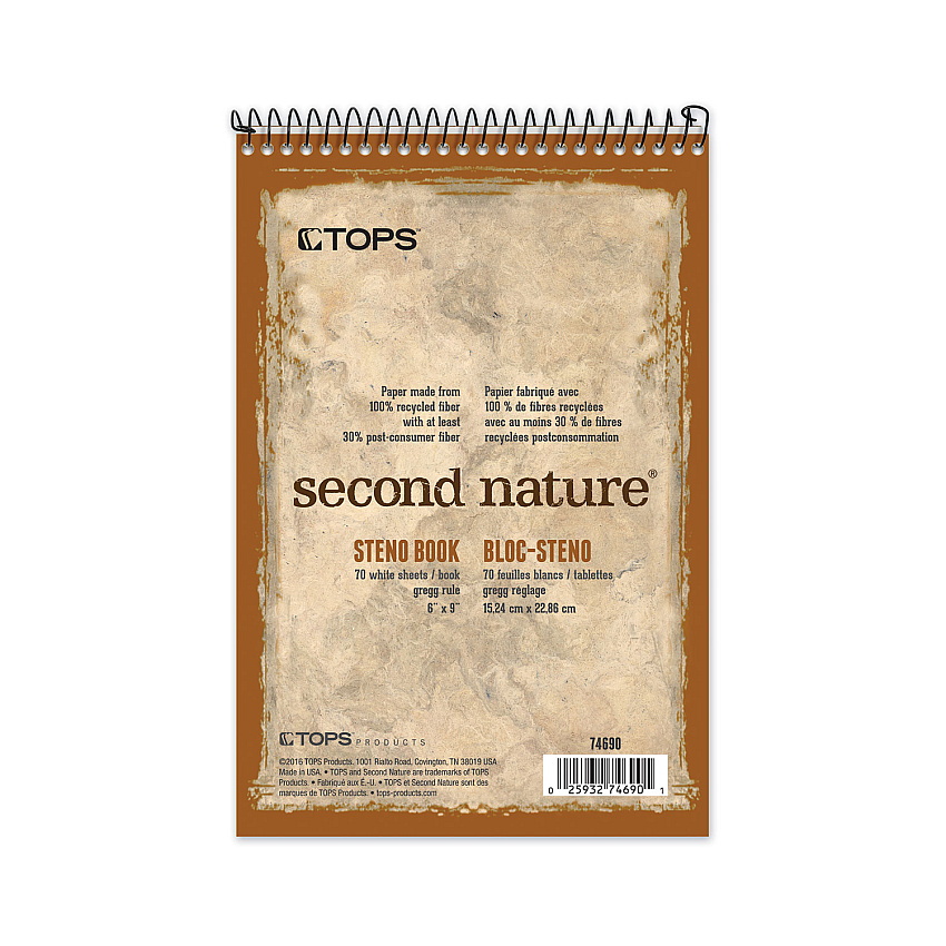 TOPS Second Nature Recycled Notepads, Gregg Rule, Brown Cover, 70 White 6 x 9 Sheets (74690)