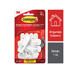 Command General Purpose Hooks, Small, Plastic, White, 1 lb Cap, 6 Hooks and 12 Strips/Pack (70005128379)
