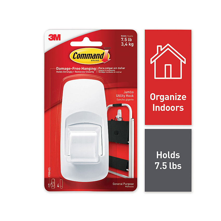 Command General Purpose Hooks, Jumbo, Plastic, White, 7.5 lb Cap, White, 1 Hook and 4 Strips (70005150993)