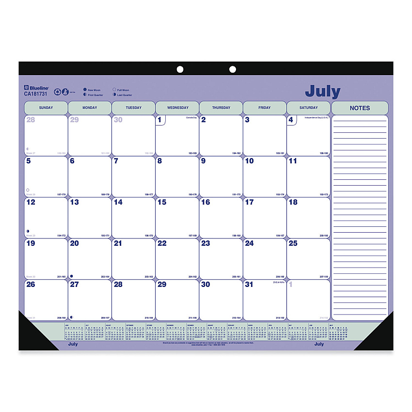 Blueline Academic Monthly Desk Pad Calendar, 21.25 x 16, White/Blue/Green, Black Binding/Corners, 13-Month (July-July): 2022-2023 (CA181731)