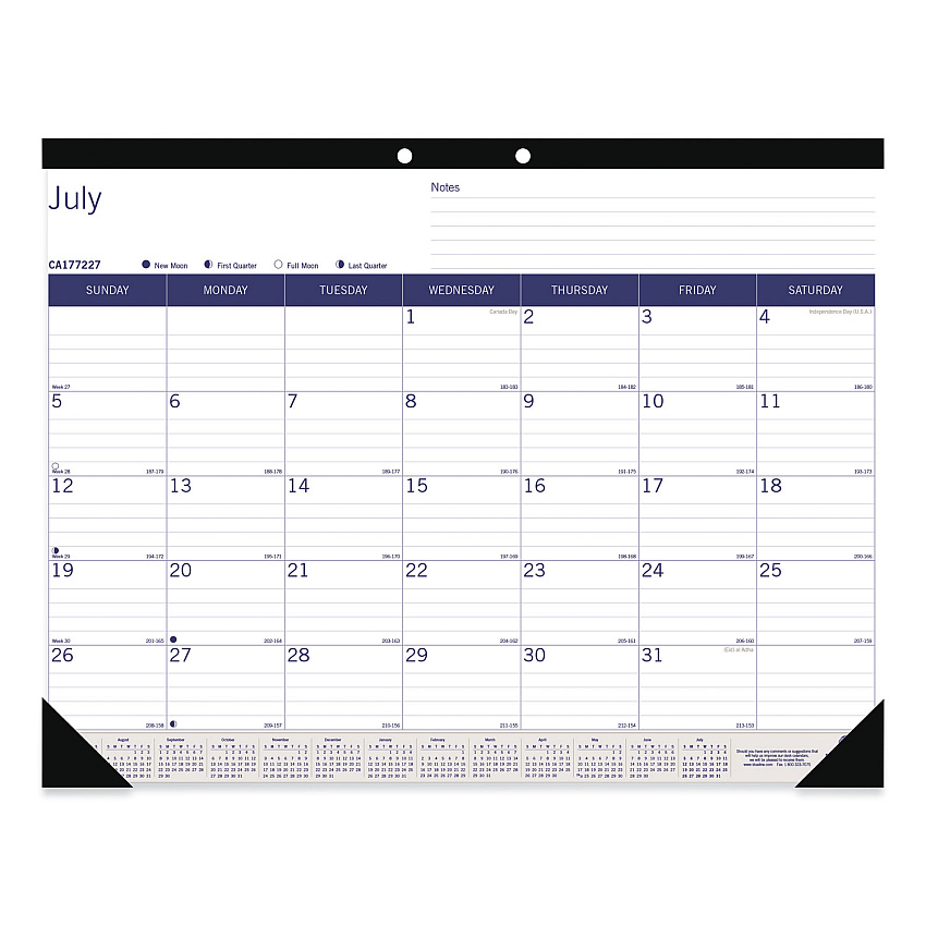 Blueline Academic Monthly Desk Pad Calendar, 22 x 17, White/Blue/Gray Sheets, Black Binding/Corners, 13-Month (July-July): 2022-2023 (CA177227)