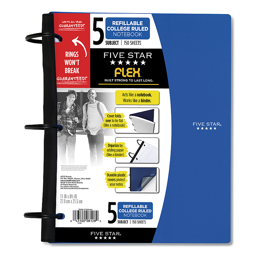 Five Star FLEX Notebook, 5 Subject, Medium/College Rule, Randomly Assorted Covers, 11 x 8.5, 150 Sheets (08128)