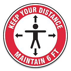 Accuform Slip-Gard Social Distance Floor Signs, 17" Circle, "Keep Your Distance Maintain 6 ft", Human/Arrows, Red/White, 25/Pack (MFS347ESP)