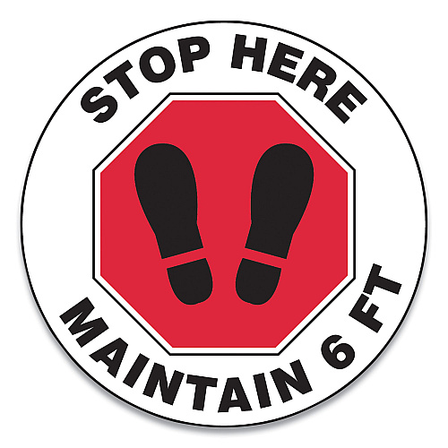 Accuform Slip-Gard Social Distance Floor Signs, 17" Circle, "Stop Here Maintain 6 ft", Footprint, Red/White, 25/Pack (MFS390ESP)