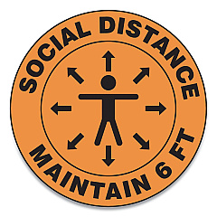 Accuform Slip-Gard Social Distance Floor Signs, 17" Circle, "Social Distance Maintain 6 ft", Human/Arrows, Orange, 25/Pack (MFS382ESP)