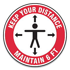 Accuform Slip-Gard Social Distance Floor Signs, 12" Circle, "Keep Your Distance Maintain 6 ft", Human/Arrows, Red/White, 25/Pack (MFS345ESP)