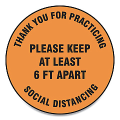 Accuform Slip-Gard Floor Signs, 12" Circle,"Thank You For Practicing Social Distancing Please Keep At Least 6 ft Apart", Orange, 25/PK (MFS428ESP)