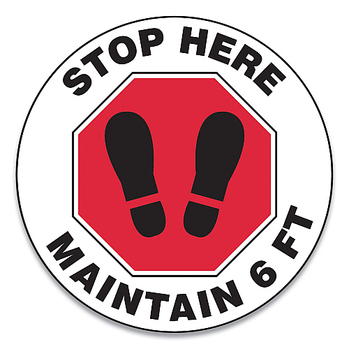 Accuform Slip-Gard Social Distance Floor Signs, 12" Circle, "Stop Here Maintain 6 ft", Footprint, Red/White, 25/Pack (MFS388ESP)