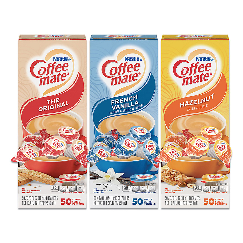 Coffee mate Liquid Coffee Creamer, French Vanilla/Hazelnut/Original, 0.38 oz Mini Cups, 150 Cups/Carton (46193CT)
