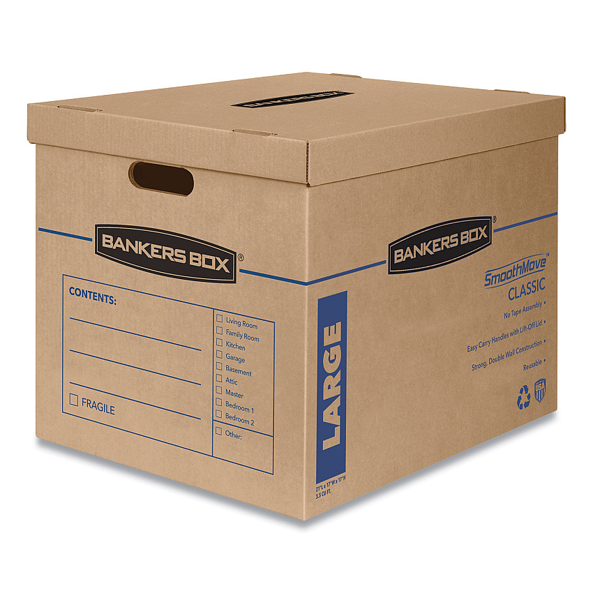 Bankers Box SmoothMove Classic Moving and Storage Boxes, Large, Half Slotted Container (HSC), 21" x 17" x 17", Brown Kraft/Blue, 5/Carton (7718201)