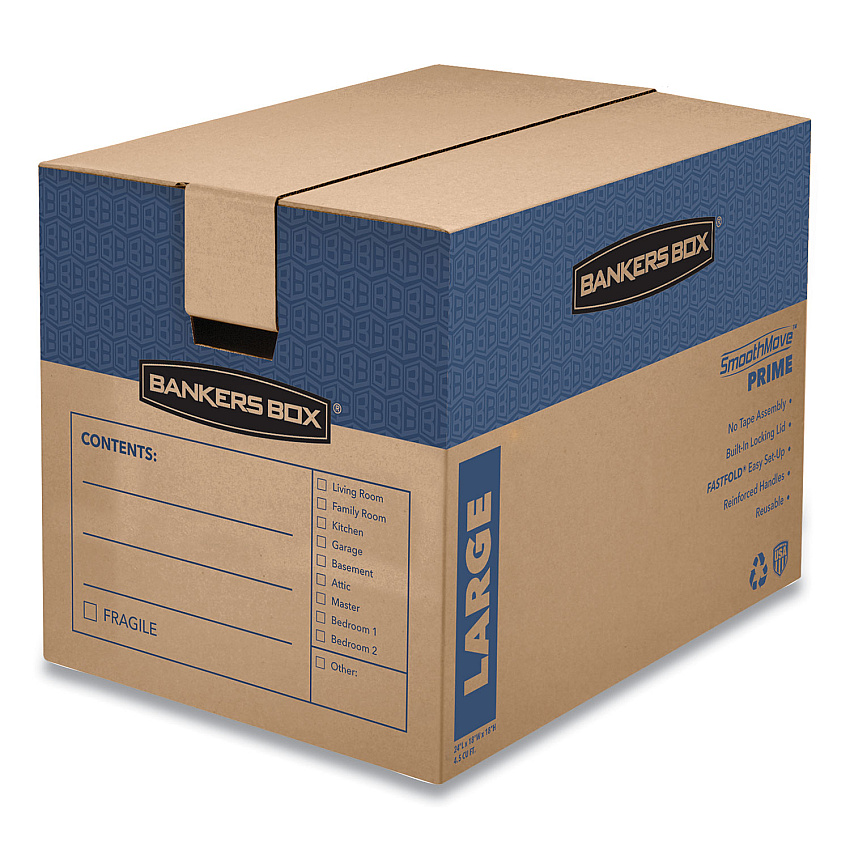 Bankers Box SmoothMove Prime Moving and Storage Boxes, Regular Slotted Container (RSC), 24" x 18" x 18", Brown Kraft/Blue, 6/Carton (0062901)