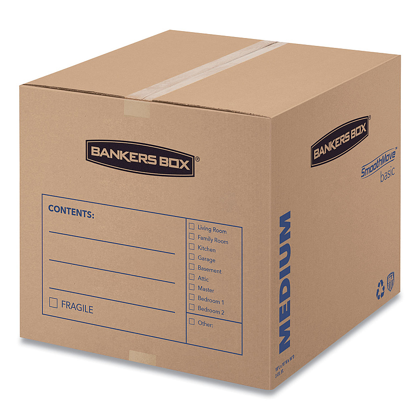Bankers Box SmoothMove Basic Moving Boxes, Medium, Regular Slotted Container (RSC), 18" x 18" x 16", Brown Kraft/Blue, 20/Bundle (7713901)