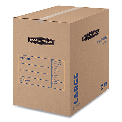 Bankers Box SmoothMove Basic Moving Boxes, Large, Regular Slotted Container (RSC), 18" x 18" x 24", Brown Kraft/Blue, 15/Carton (7714001)