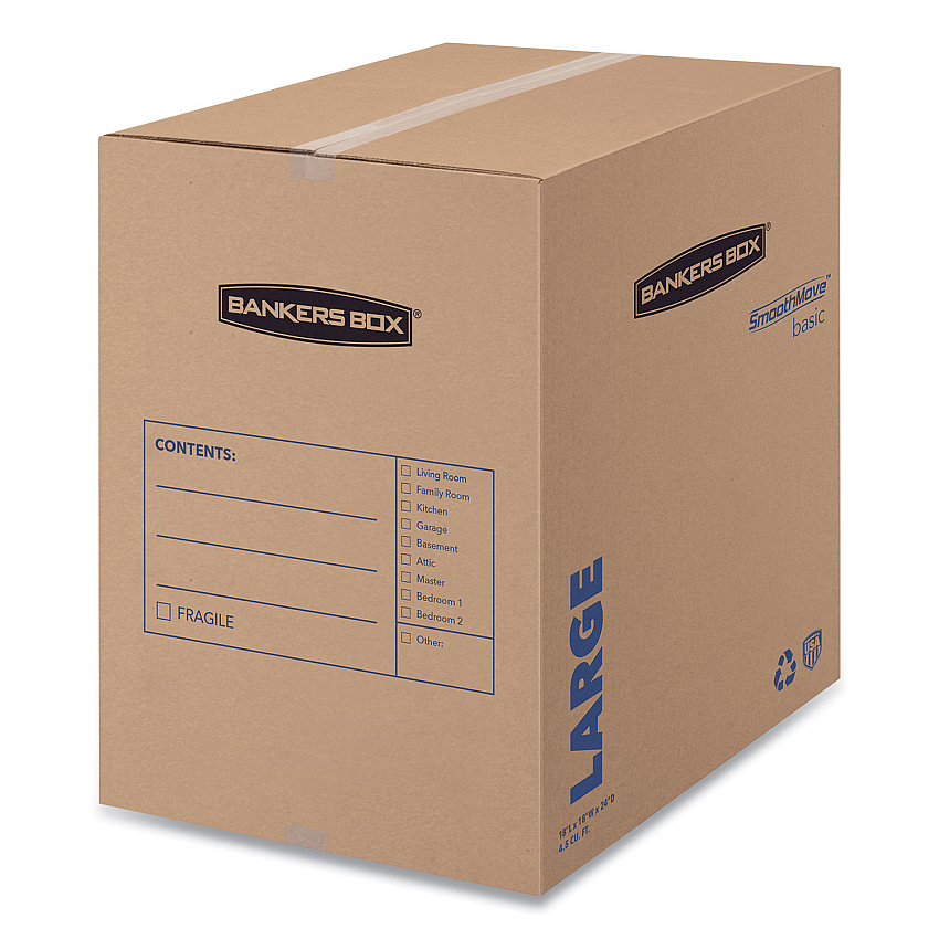Bankers Box SmoothMove Basic Moving Boxes, Large, Regular Slotted Container (RSC), 18" x 18" x 24", Brown Kraft/Blue, 15/Carton (7714001)