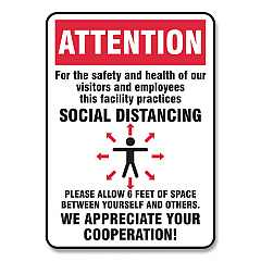 Accuform Social Distance Signs, Wall, 7 x 10, Visitors and Employees Distancing, Humans/Arrows, Red/White, 10/Pack (MGNG902VPESP)