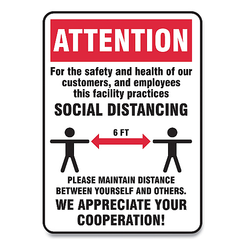 Accuform Social Distance Signs, Wall, 10 x 14, Customers and Employees Distancing, Humans/Arrows, Red/White, 10/Pack (MGNG905VPESP)