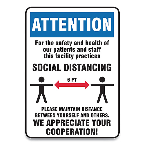 Accuform Social Distance Signs, Wall, 10 x 14, Patients and Staff Social Distancing, Humans/Arrows, Blue/White, 10/Pack (MGNG907VPESP)