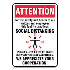 Accuform Social Distance Signs, Wall, 10 x 14, Visitors and Employees Distancing, Humans/Arrows, Red/White, 10/Pack (MGNG906VPESP)