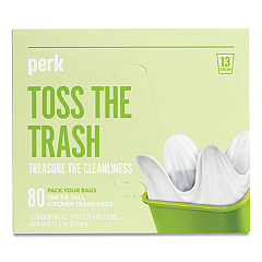 Perk Tab-Tie Tall Kitchen Trash Bags, 13 gal, 0.9 mil, 28" x 24", White, 80/Box (24377881)