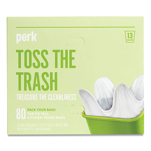Perk Tab-Tie Tall Kitchen Trash Bags, 13 gal, 0.9 mil, 28" x 24", White, 80/Box (24377881)