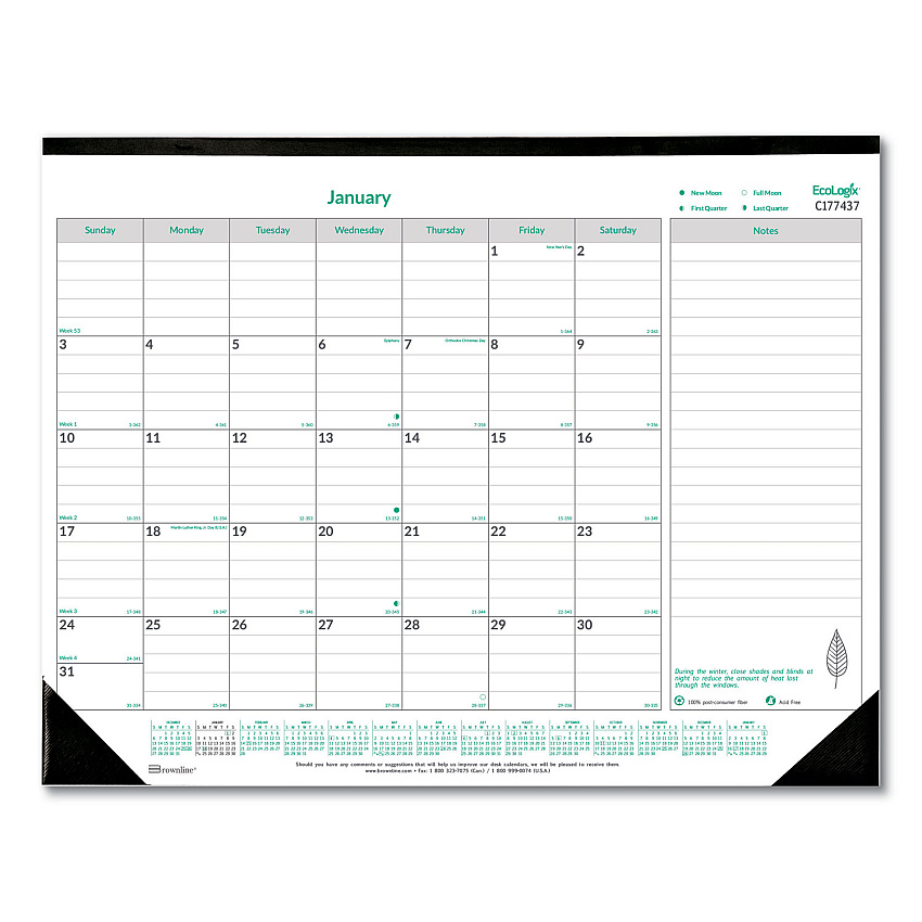Brownline EcoLogix Monthly Desk Pad Calendar, 22 x 17, White/Green Sheets, Black Binding/Corners, 12-Month (Jan to Dec): 2023 (C177437)